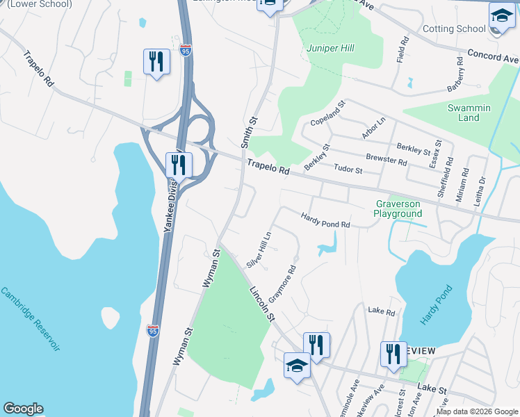 map of restaurants, bars, coffee shops, grocery stores, and more near 44 Loretta Road in Waltham