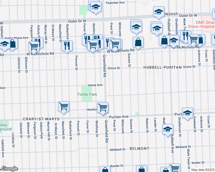 map of restaurants, bars, coffee shops, grocery stores, and more near 16676 Greenfield Road in Detroit