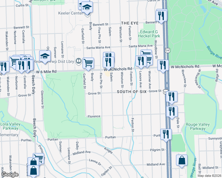 map of restaurants, bars, coffee shops, grocery stores, and more near 16840 Salem in Detroit