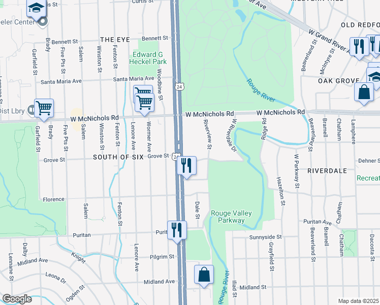 map of restaurants, bars, coffee shops, grocery stores, and more near 16800 Telegraph Road in Detroit