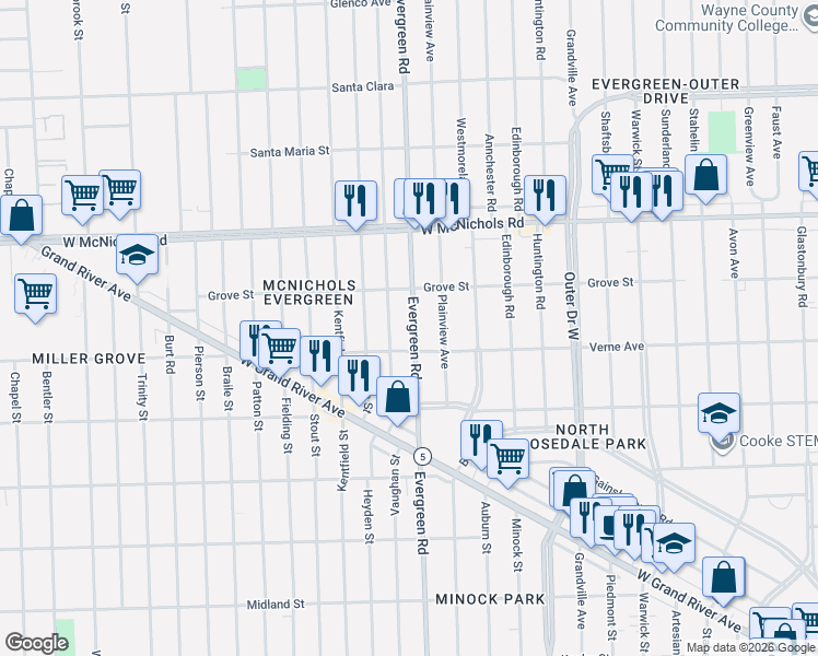 map of restaurants, bars, coffee shops, grocery stores, and more near 16743 Evergreen Road in Detroit