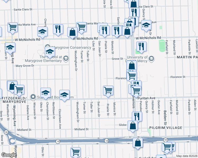 map of restaurants, bars, coffee shops, grocery stores, and more near 16508 Lilac Street in Detroit