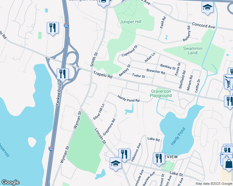 map of restaurants, bars, coffee shops, grocery stores, and more near 114 Hillcrest Road in Waltham