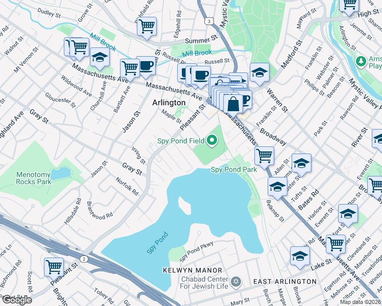 map of restaurants, bars, coffee shops, grocery stores, and more near 40 Wellington Street in Arlington