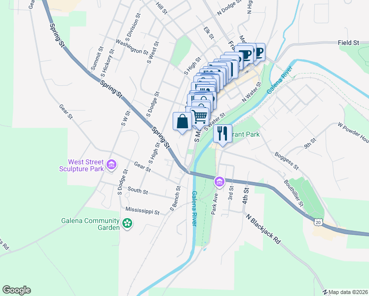 map of restaurants, bars, coffee shops, grocery stores, and more near 525 South Bench Street in Galena