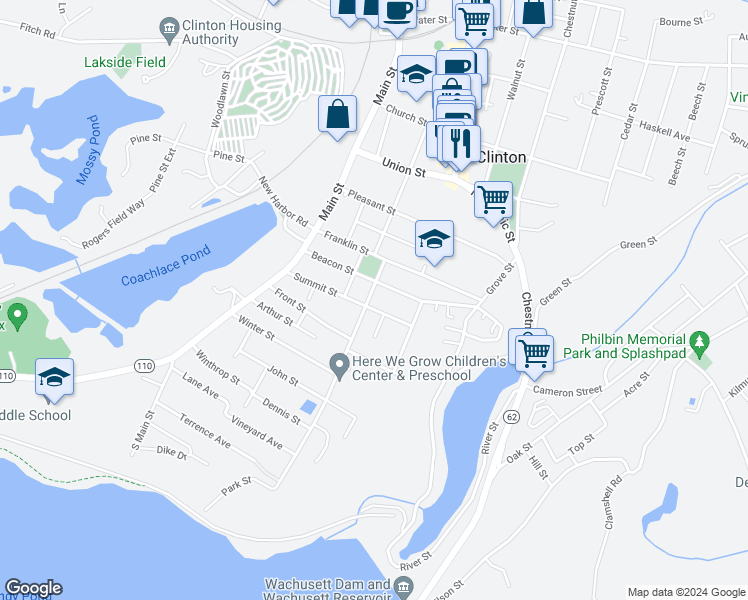 map of restaurants, bars, coffee shops, grocery stores, and more near 40 Park Street in Clinton