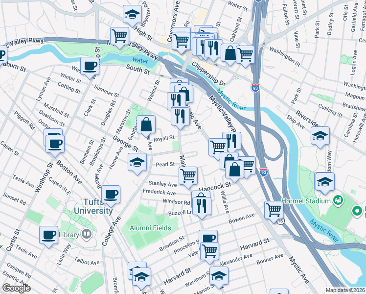 map of restaurants, bars, coffee shops, grocery stores, and more near 5 Sylvia Road in Medford