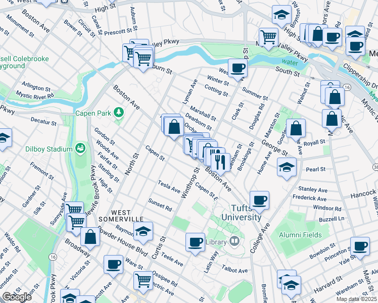 map of restaurants, bars, coffee shops, grocery stores, and more near 308 Boston Avenue in Medford