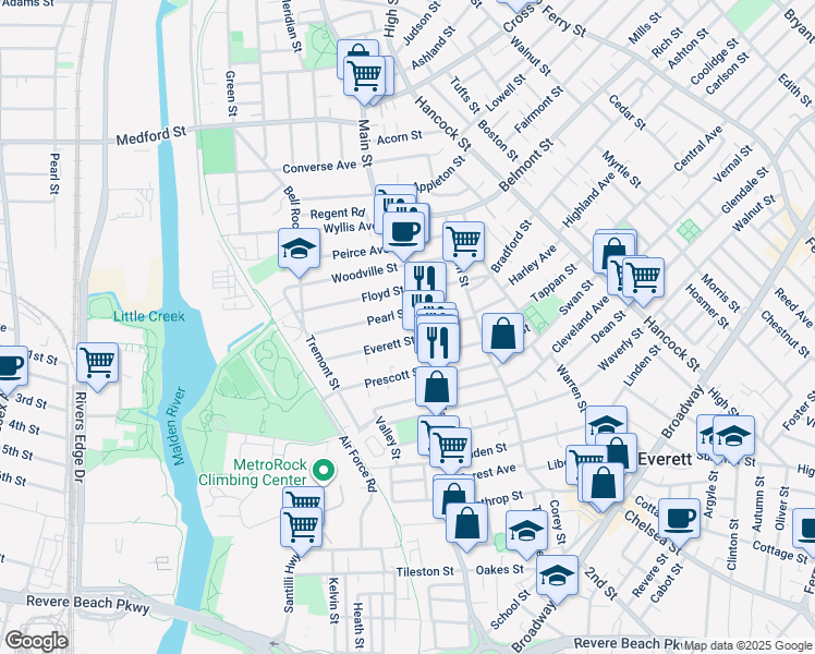 map of restaurants, bars, coffee shops, grocery stores, and more near 18 Pearl Street in Everett
