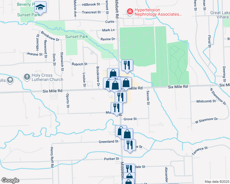 map of restaurants, bars, coffee shops, grocery stores, and more near 29421 West 6 Mile Road in Livonia