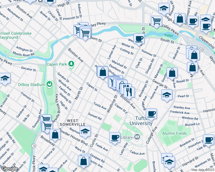 map of restaurants, bars, coffee shops, grocery stores, and more near 24 Hillsdale Road in Medford