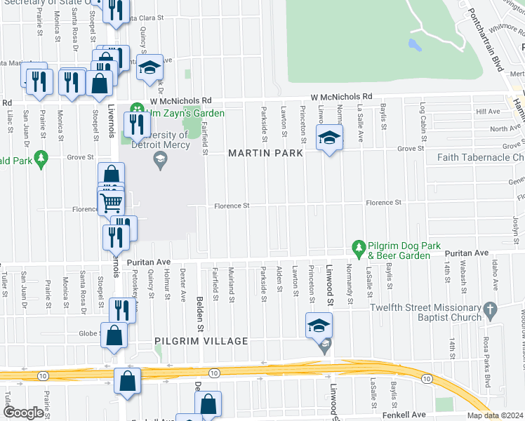 map of restaurants, bars, coffee shops, grocery stores, and more near 16255 Parkside Street in Detroit