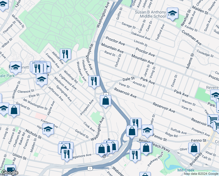 map of restaurants, bars, coffee shops, grocery stores, and more near 456 Reservoir Avenue in Revere