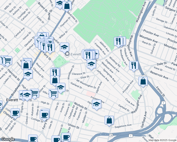 map of restaurants, bars, coffee shops, grocery stores, and more near 30 Harvey Street in Everett