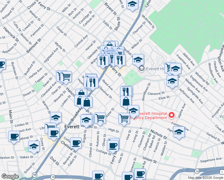 map of restaurants, bars, coffee shops, grocery stores, and more near 10 Franklin Street in Everett