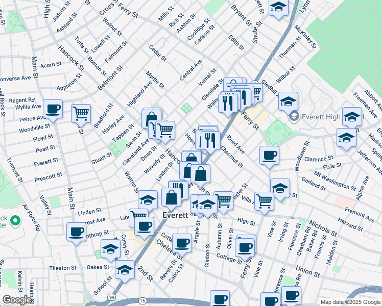 map of restaurants, bars, coffee shops, grocery stores, and more near 8 Sherman Street in Everett