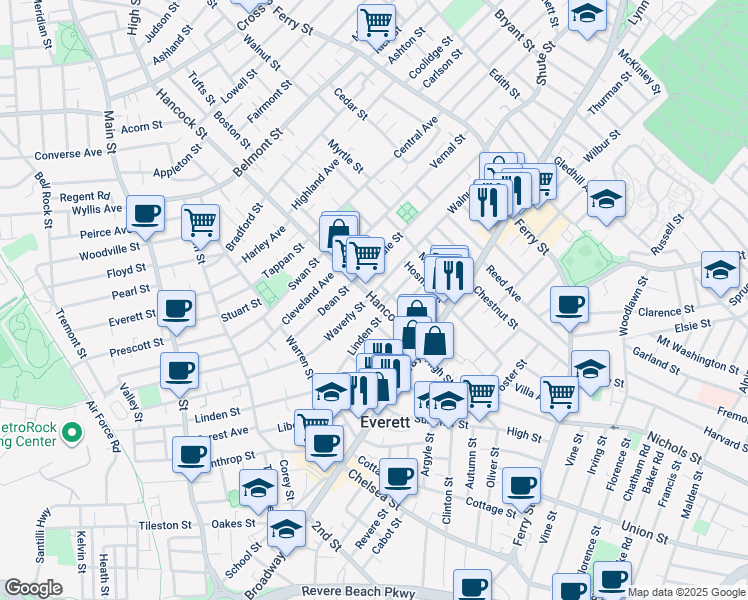 map of restaurants, bars, coffee shops, grocery stores, and more near 55 Kenilworth Street in Everett