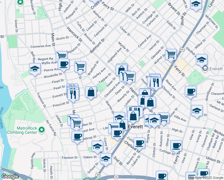 map of restaurants, bars, coffee shops, grocery stores, and more near 91 Cleveland Avenue in Everett