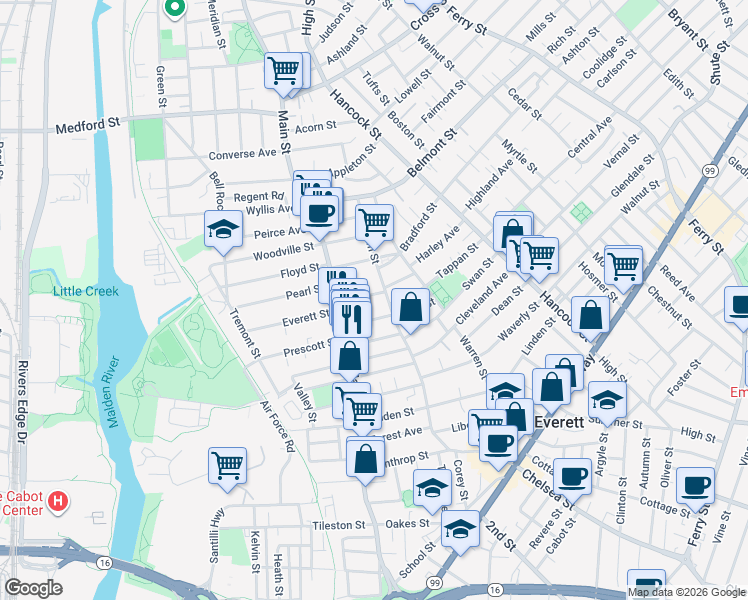 map of restaurants, bars, coffee shops, grocery stores, and more near 129 Bucknam Street in Everett