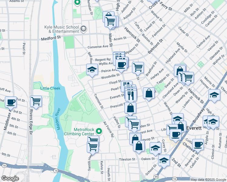map of restaurants, bars, coffee shops, grocery stores, and more near 47A Pearl Street in Everett