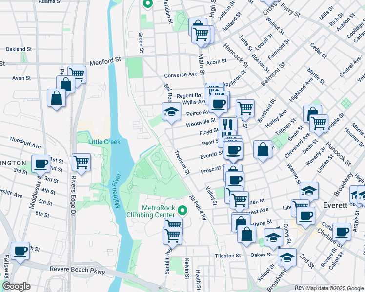 map of restaurants, bars, coffee shops, grocery stores, and more near 79 Pearl Street in Everett