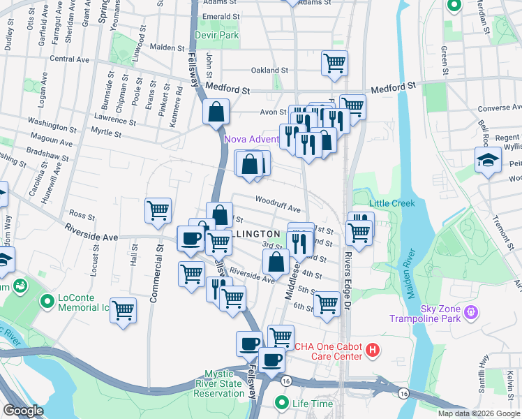 map of restaurants, bars, coffee shops, grocery stores, and more near 97 1st Street in Medford