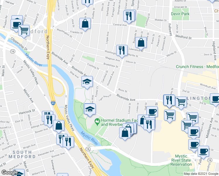 map of restaurants, bars, coffee shops, grocery stores, and more near 306 Riverside Avenue in Medford