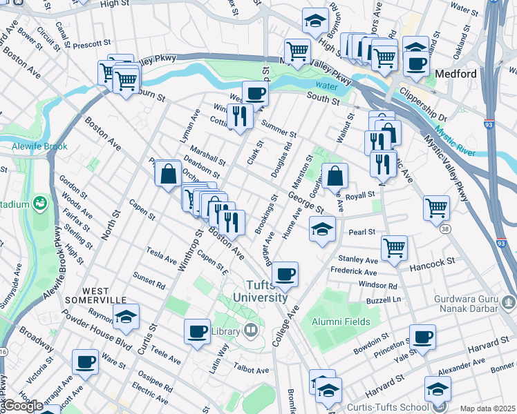 map of restaurants, bars, coffee shops, grocery stores, and more near 77 Brookings Street in Medford