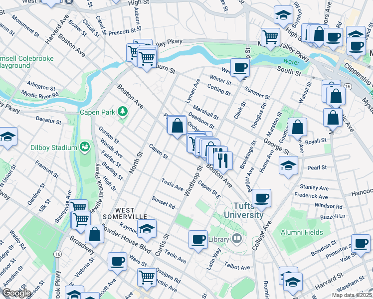 map of restaurants, bars, coffee shops, grocery stores, and more near 308 Boston Avenue in Medford