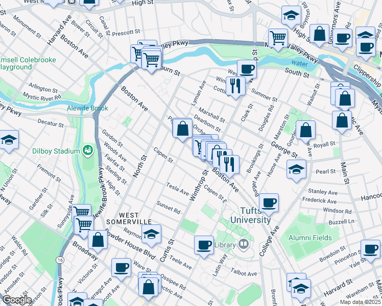 map of restaurants, bars, coffee shops, grocery stores, and more near 24 Hillsdale Road in Medford