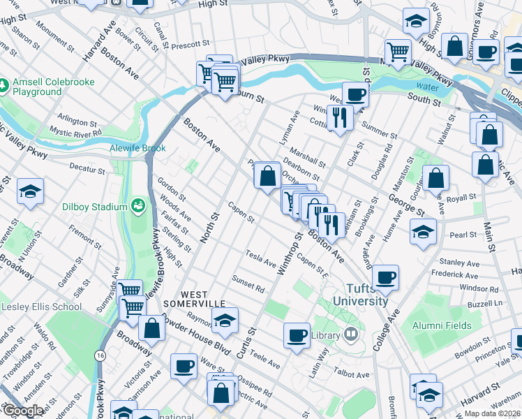 map of restaurants, bars, coffee shops, grocery stores, and more near 24 Hillsdale Road in Medford