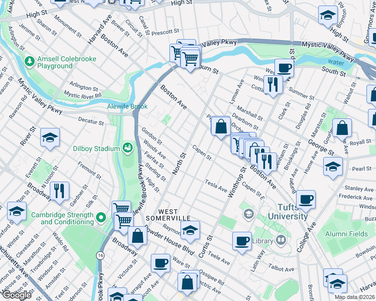 map of restaurants, bars, coffee shops, grocery stores, and more near 113 North Street in Medford