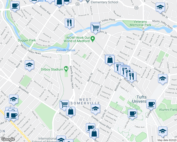 map of restaurants, bars, coffee shops, grocery stores, and more near 29 Gordon Street in Somerville