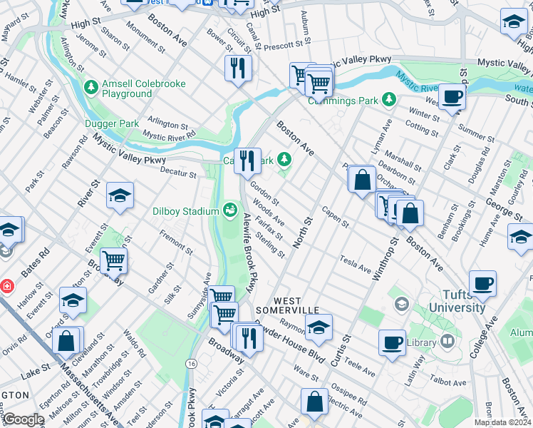 map of restaurants, bars, coffee shops, grocery stores, and more near 70 Woods Avenue in Somerville