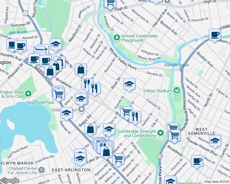 map of restaurants, bars, coffee shops, grocery stores, and more near 7 University Road in Arlington