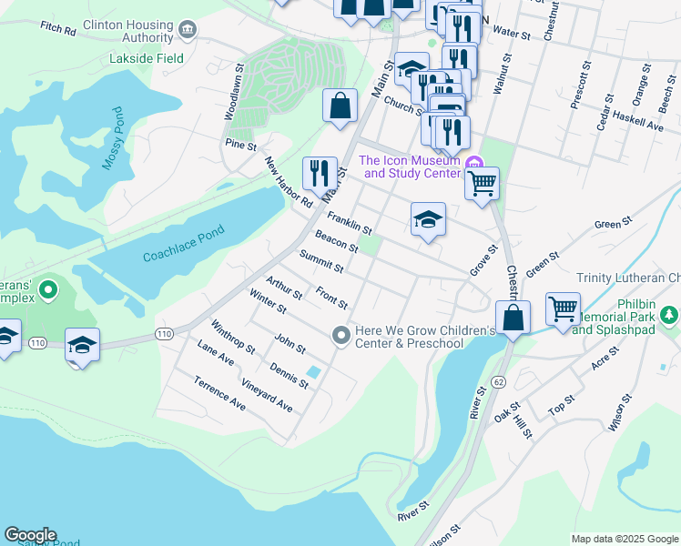 map of restaurants, bars, coffee shops, grocery stores, and more near 74 Summit Street in Clinton