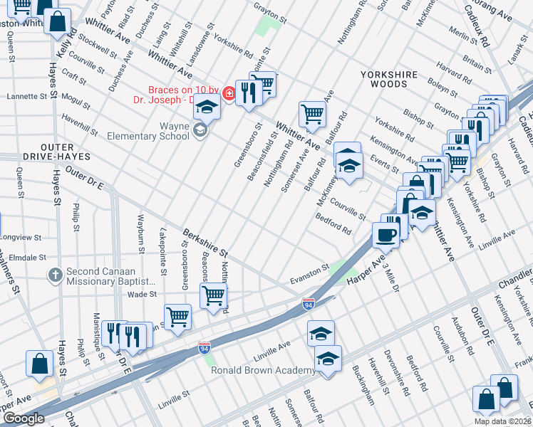 map of restaurants, bars, coffee shops, grocery stores, and more near 9966 Somerset Avenue in Detroit
