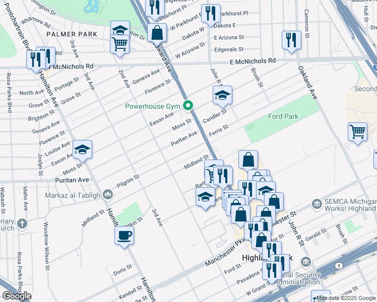 map of restaurants, bars, coffee shops, grocery stores, and more near 29 Pilgrim Street in Highland Park