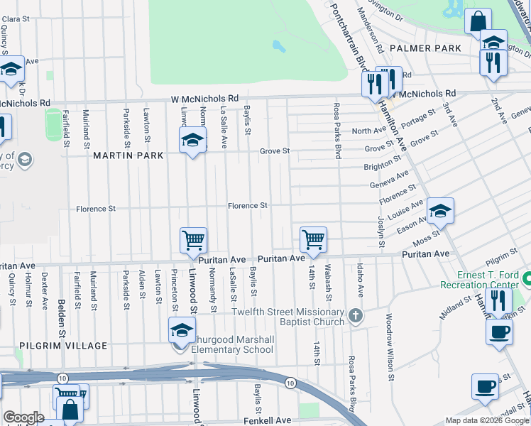 map of restaurants, bars, coffee shops, grocery stores, and more near 16256 Inverness Street in Detroit