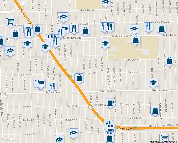 map of restaurants, bars, coffee shops, grocery stores, and more near 16526 Griggs Street in Detroit