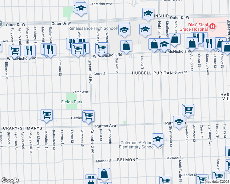 map of restaurants, bars, coffee shops, grocery stores, and more near 16581 Sussex Street in Detroit