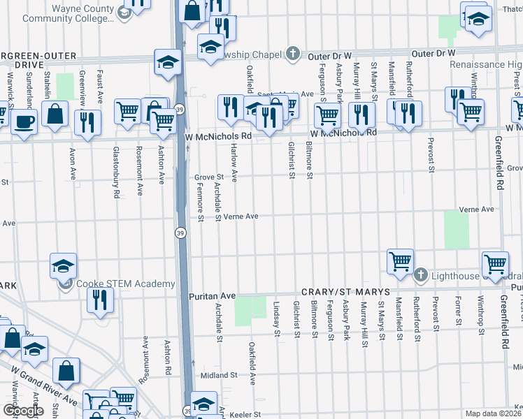 map of restaurants, bars, coffee shops, grocery stores, and more near 16718 Oakfield Avenue in Detroit
