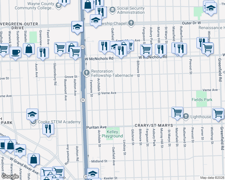 map of restaurants, bars, coffee shops, grocery stores, and more near 16718 Oakfield Avenue in Detroit