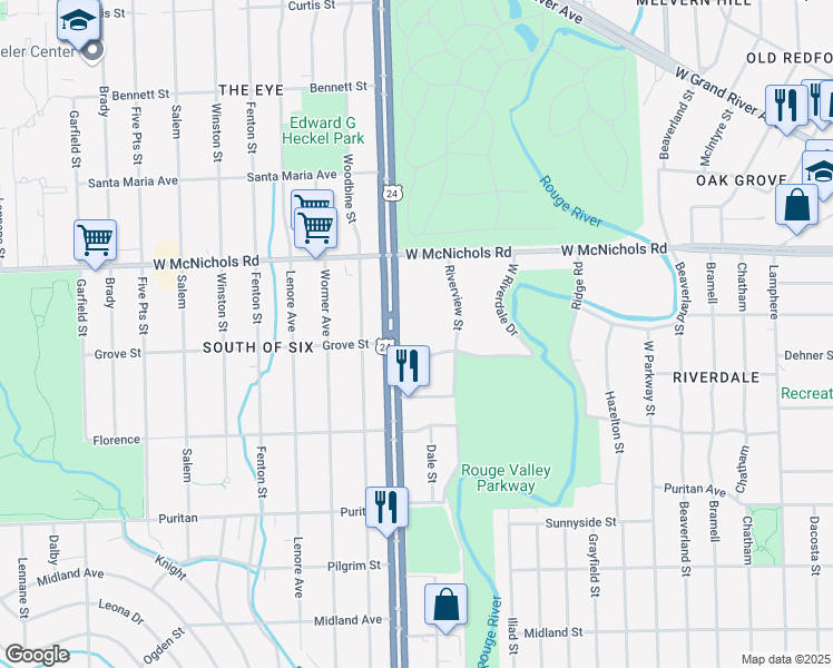 map of restaurants, bars, coffee shops, grocery stores, and more near 23830 Dehner Street in Detroit
