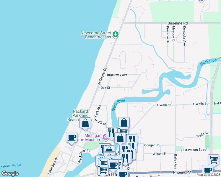 map of restaurants, bars, coffee shops, grocery stores, and more near 205 Oak Street in South Haven