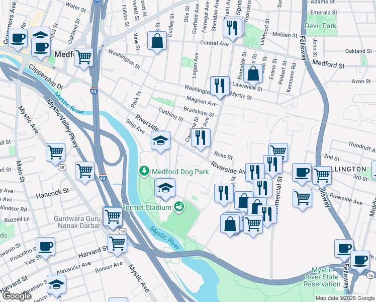 map of restaurants, bars, coffee shops, grocery stores, and more near 305 Riverside Avenue in Medford