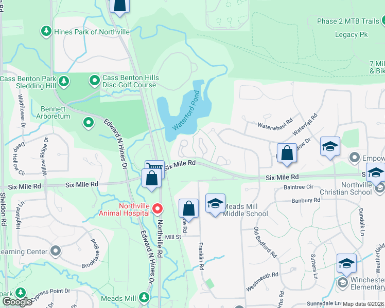 map of restaurants, bars, coffee shops, grocery stores, and more near 17311 Hidden Lake Way in Northville