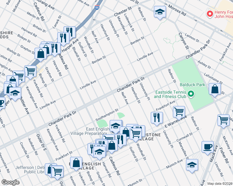map of restaurants, bars, coffee shops, grocery stores, and more near 17440 Chandler Park Drive in Detroit