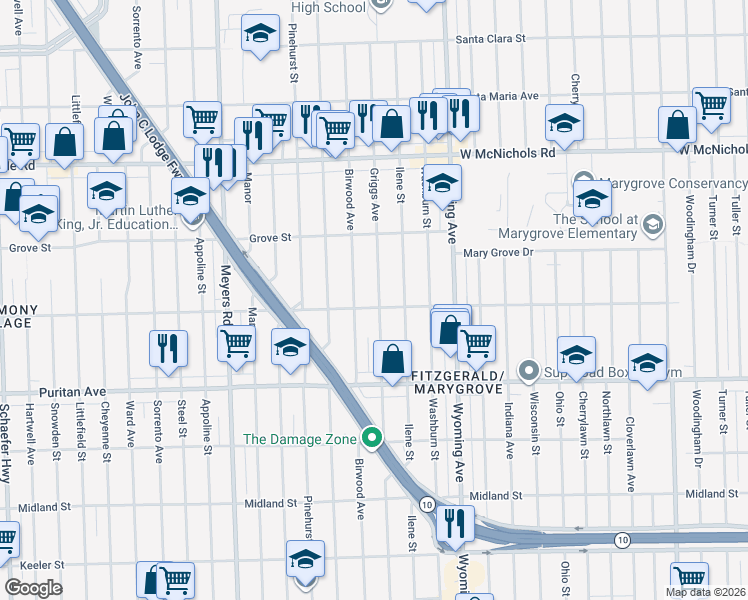 map of restaurants, bars, coffee shops, grocery stores, and more near 16526 Griggs Street in Detroit