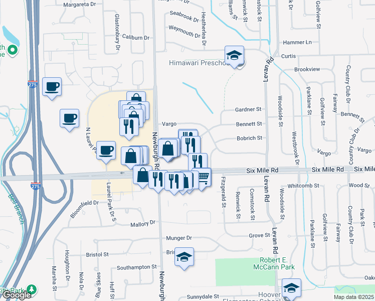 map of restaurants, bars, coffee shops, grocery stores, and more near 37156 Six Mile Road in Livonia